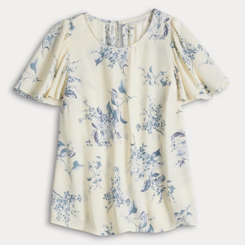 Cream and Blue Ruffled Puff Sleeve Blouse